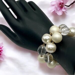 Gorgeous Vintage Faux Pearl and Faceted Clear Beads Memory Coil Wrap Bracelet